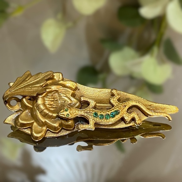 Antique C Clasp Victorian Lizard Gecko Salamander Brooch Green Paste Rhinestones - Picture 8 of 8